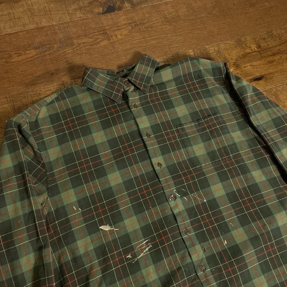 Gap Button Up Shirt Mens XXL Green Grunge Plaid Painted Flannel Heavy Cotton